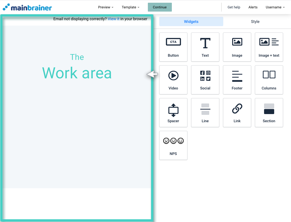 New email campaign, email creator. The work area is highlighted
