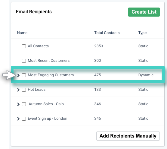 Email campaign recipients, email recipients list. A list of contacts is highlighted