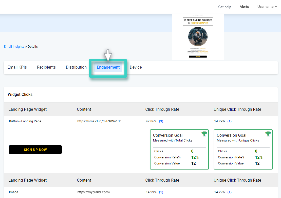 Monitor email conversion goal, insights details. The engagement tab is highlighted