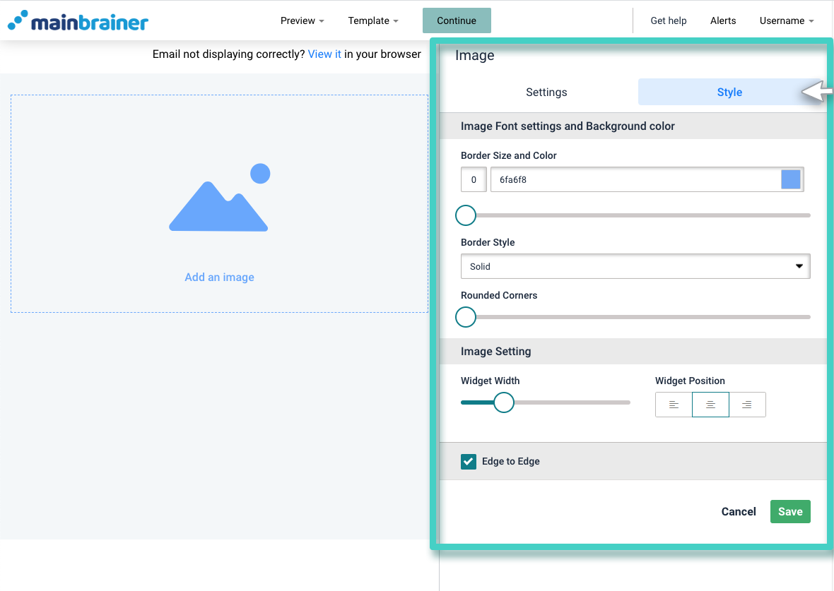 New email campaign, image widget. The settings tab is highlighted
