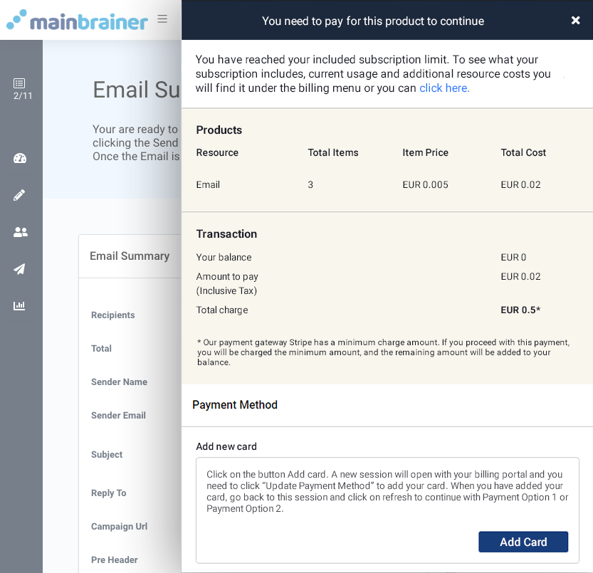 Email campaign sending, insufficient funds. Payment method options
