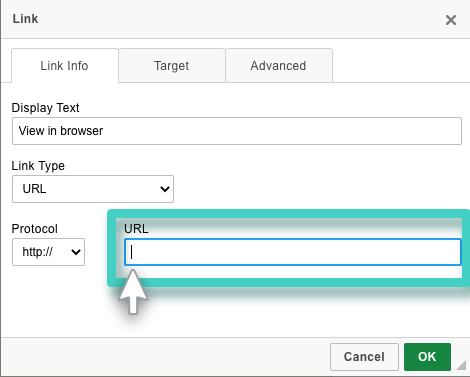 Email creator, link widget. Link details. The URL field is highlighted