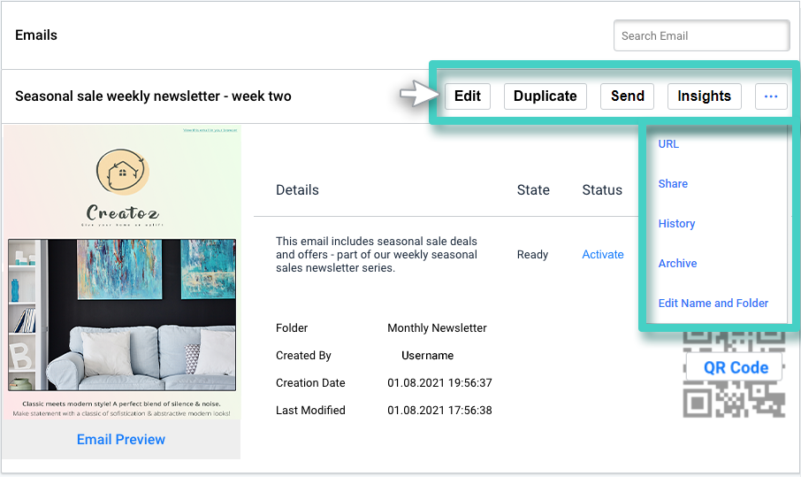 Email actions. Edit, Duplicate, Send, Insights, URL, Share, History, Archive and folder