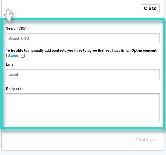 Email campaign recipients, email recipients list. The search crm field is highlighted