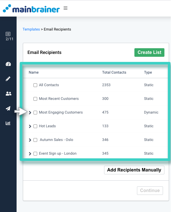 Email campaign, email recipients. Create list or add recipients manually