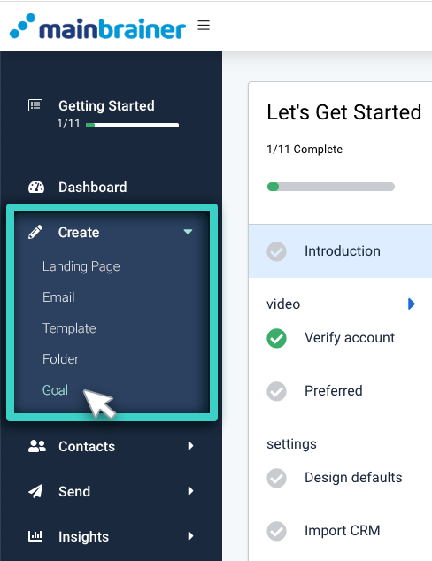 Email sending goals. The goal option in the create menu is highlighted