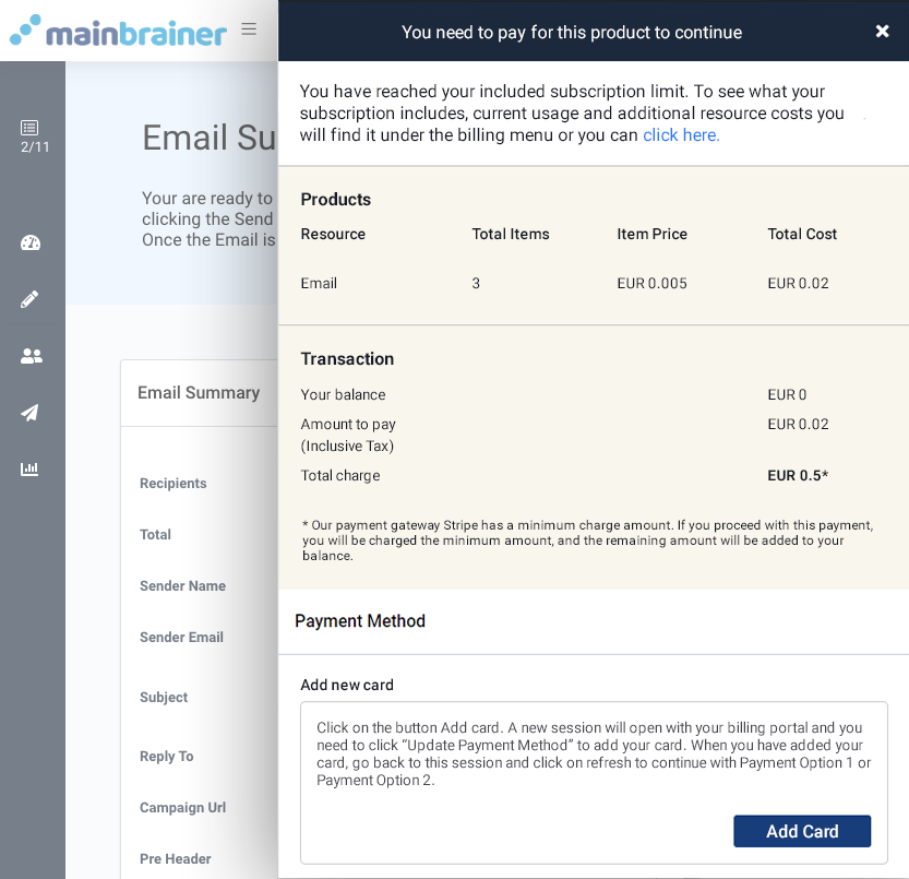 Email creator, insufficient funds. Pay for product to continue. Payment method options
