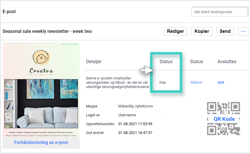 E-postkampanjeadministrator, nåværende status for e-posten er klar