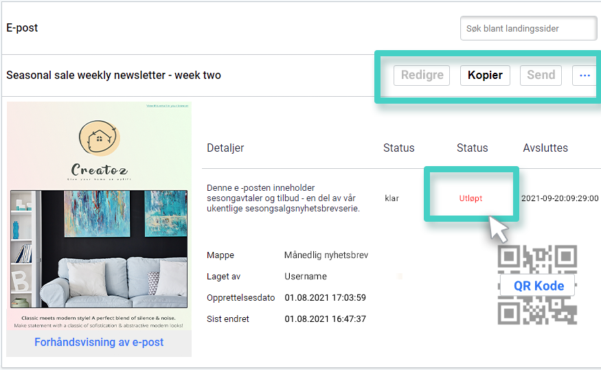 E-post kampanjeadministrator, e-post med status utløpt