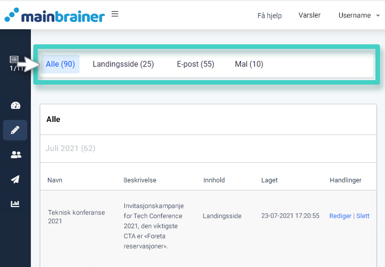 Kampanjemappefilter. Alternativer er: alle, landingsside, registreringsskjema, e-post og mal