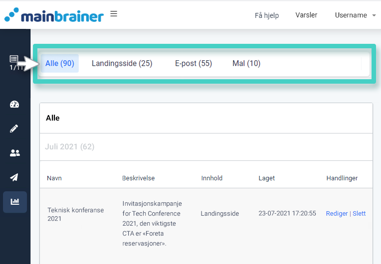 Kampanjemappe, velg mellom alle, landingsside, registreringsskjema, e-post og mal