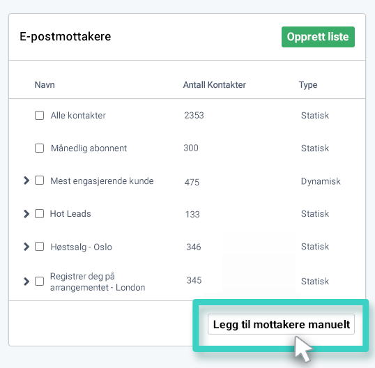 E-postskaper, e-postmottakere. Knappen Legg til mottakere manuelt er uthevet