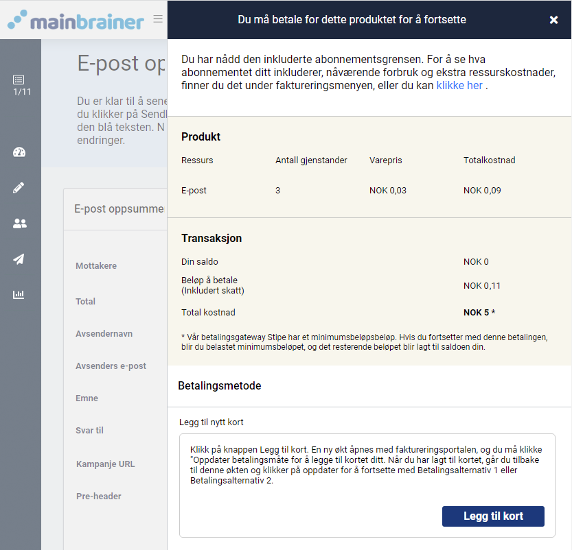 E-postskaper, utilstrekkelig midler. Betal for produktet for å fortsette. Alternativer for betalingsmåter