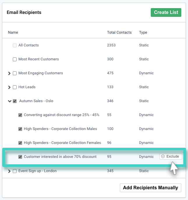 Email recipients list. The exclude button in the sub list is highlighted