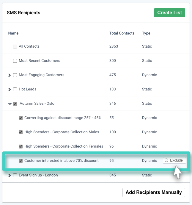 Marketing campaign, excluding contacts. SMS recipients lists. Exclude button is highlighted