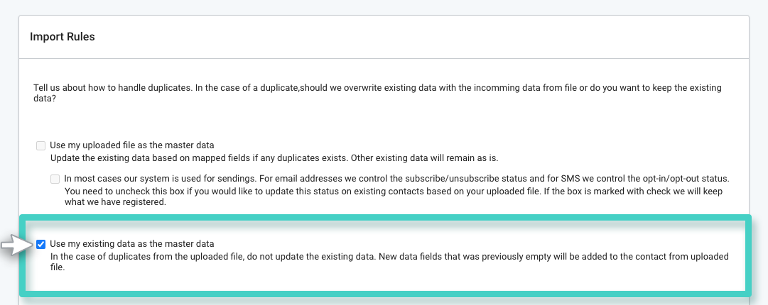 MainBrainer CRM import contacts, import rules. Use existing data as master data 