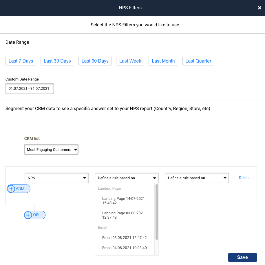 NPS insights, filters. Define a rule based on option