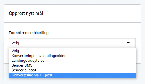 Velg målformål fra en rullegardinmeny. E-postkonvertering er valgt