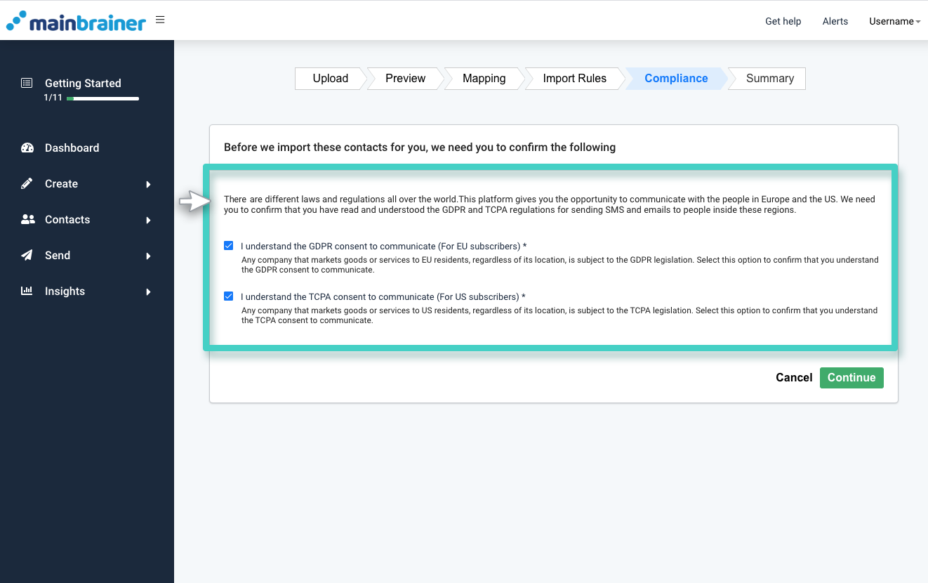 MainBrainer CRM import contacts, compliance tab. GDPR consent section is highlighted