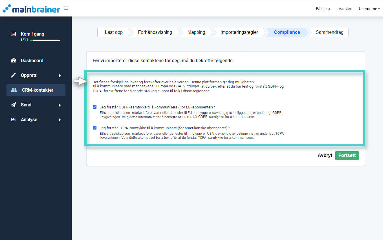 MainBrainer CRM import kontakter, compliance-fanen. GDPR-samtykkedelen er uthevet