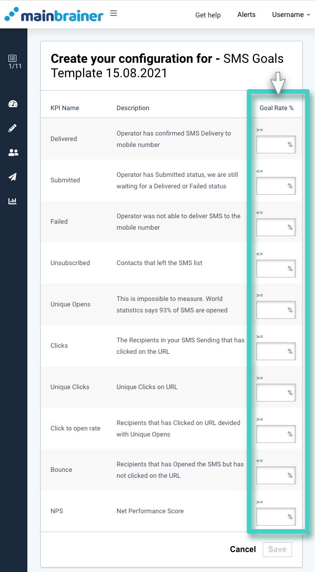 Creating campaign goal template. Add goal rate percentages to the list of KPIs 