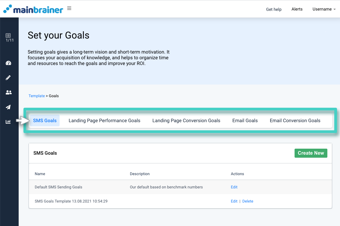 Creating campaign goal template. The goal template types bar is highlighted