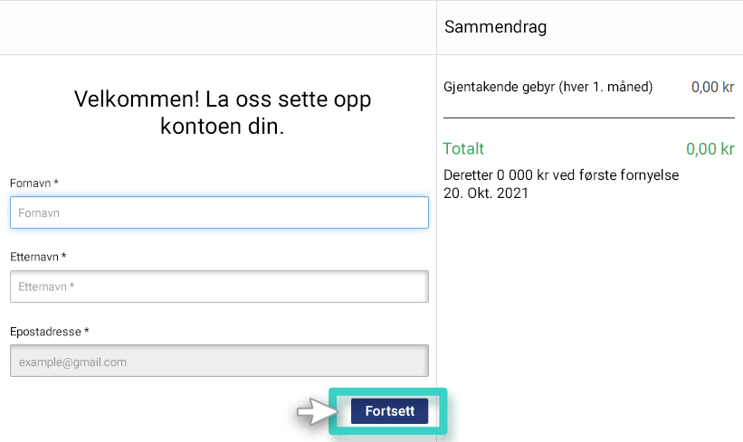 Registrer ditt navn og e-post for å sette opp din gratis konto