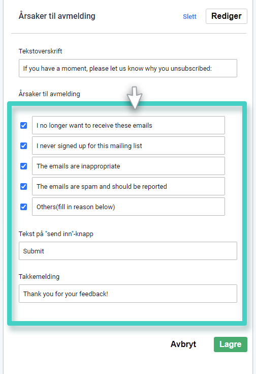 Avmeldingsmal for SMS og e-post. Liste over alternativer for avmeldingsgrunner 