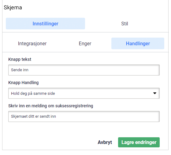 Regler for kunderegistrering, fanen innstillinger. Velg knappetekst og handling