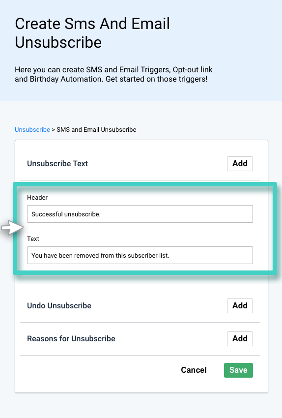 SMS and email unsubscribe template. Select header and text