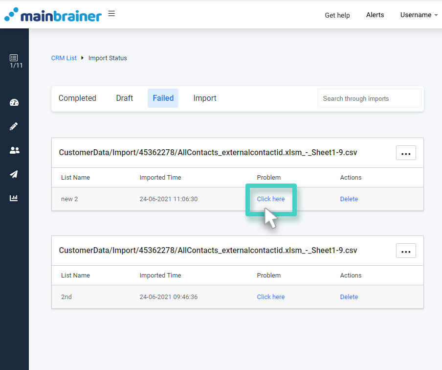 CRM import, failed status. The click here button is highlighted