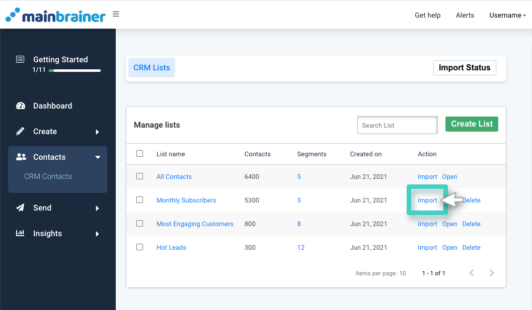 CRM import, list overview. The import button is highlighted