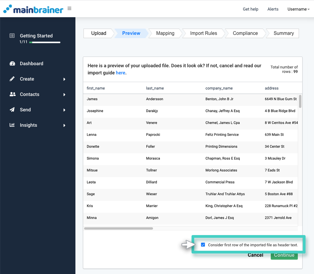 MainBrainer CRM import contacts, preview tab. Consider first row box is highlighted