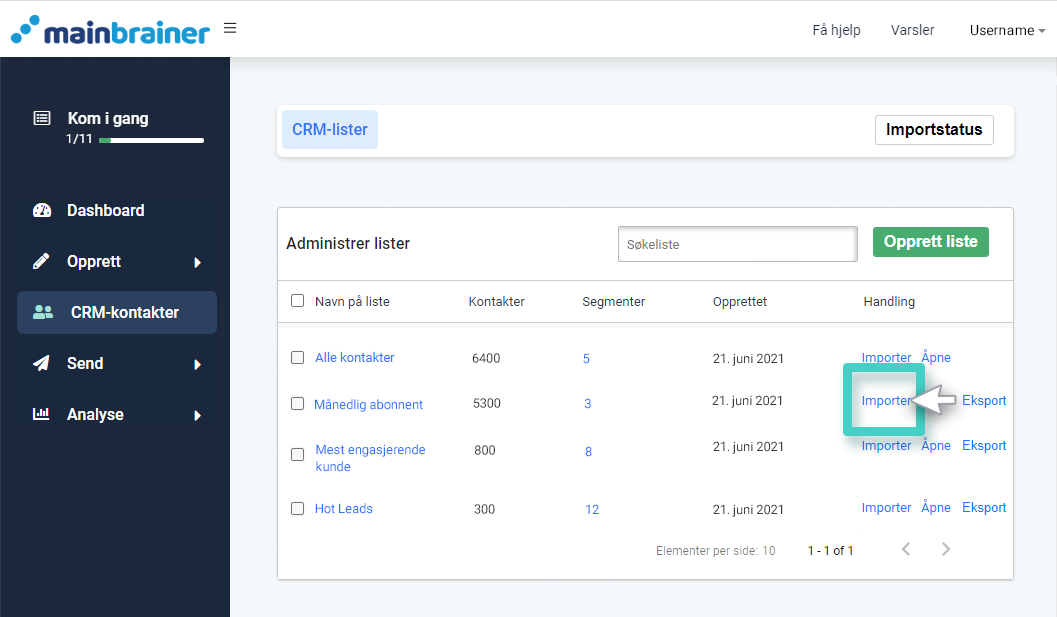 CRM-import, listeoversikt. Importknappen er uthevet