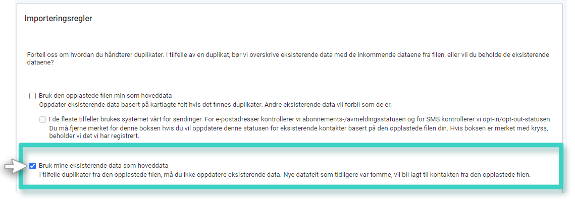 Regler for import av en fil som hoveddata til CRM