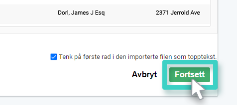 MainBrainer CRM import kontakter, forhåndsvisningsfane. Fortsett-knappen er uthevet