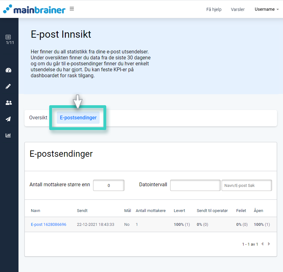 Overvåk e-postytelse, oversikt over innsikt. E-postsendingsfanen er uthevet