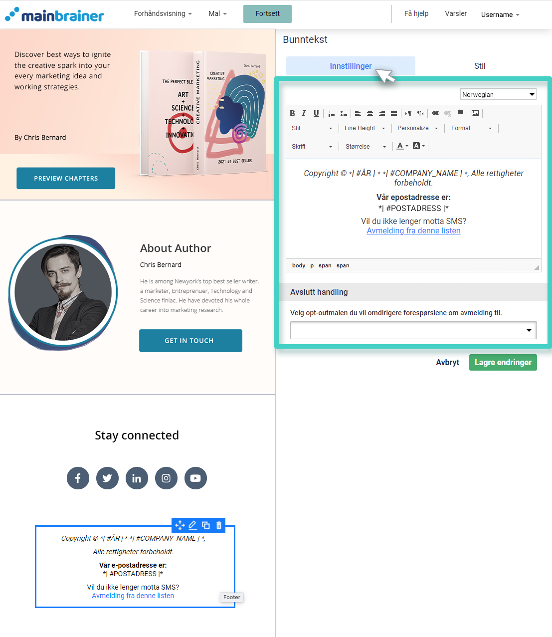 Bunntekstwidgetinnstillinger for bunntekst på landingsside