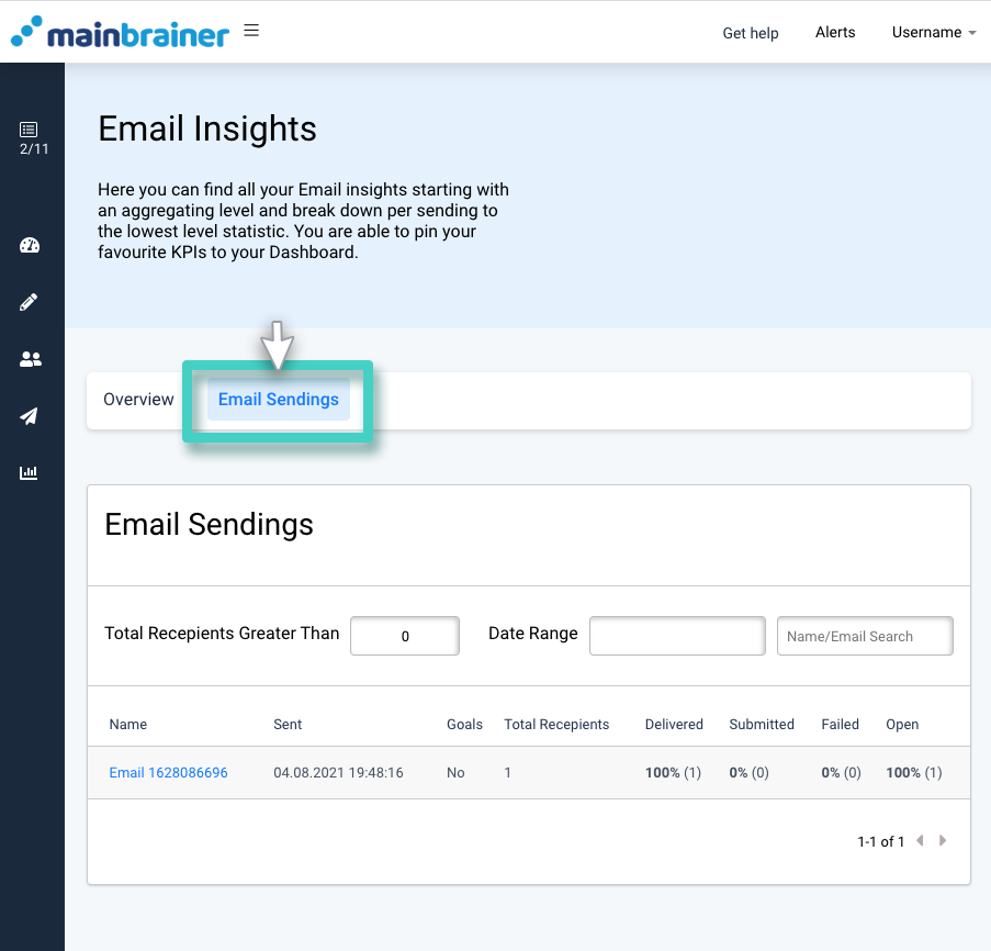Monitor email performance, insights overview. The email sendings tab is highlighted