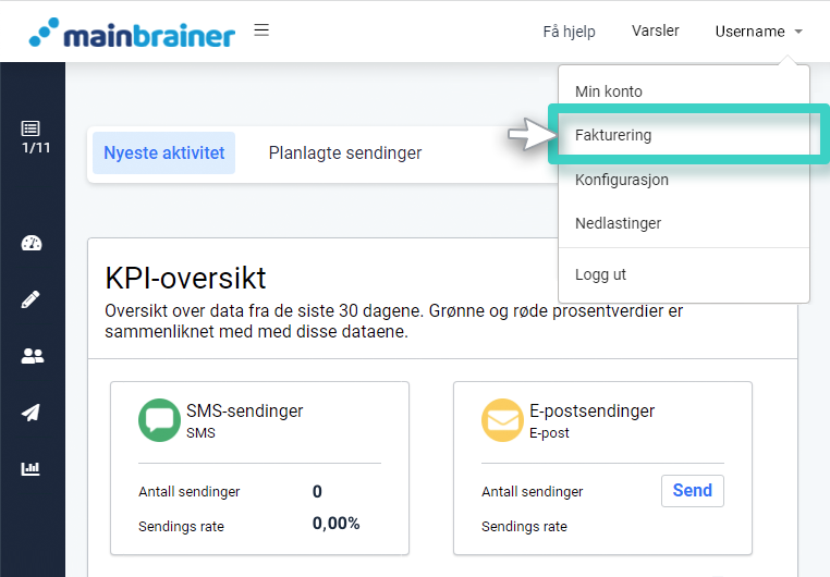 Faktureringsdelen. Brukernavn rullegardinmeny. Fakturering er uthevet