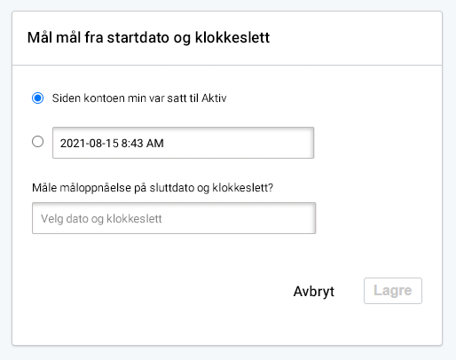 E-postkonverteringsmål. Legg til start- og sluttdato for målene