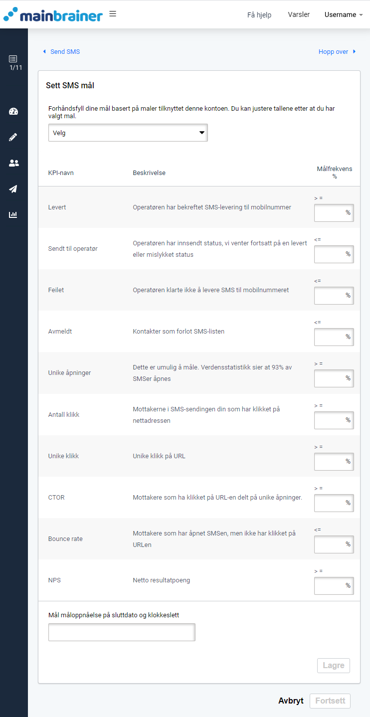 SMS-kampanjemål, angi mål for SMS-sending. Liste over KPIer