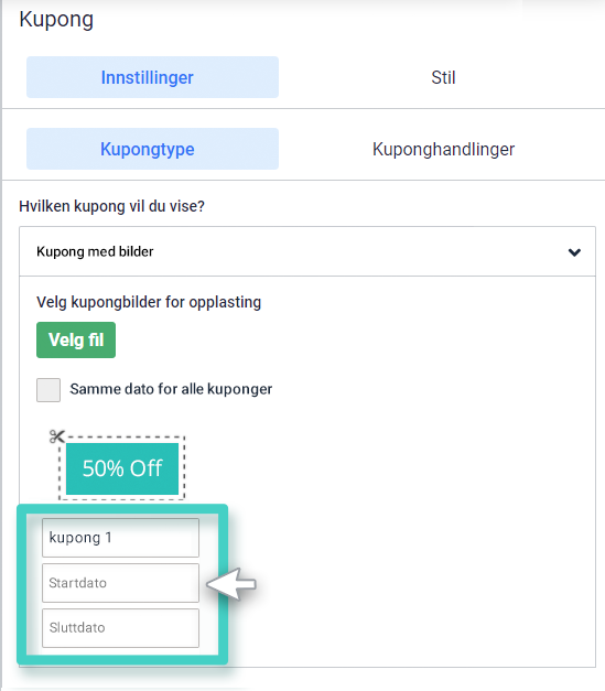 Definer kupong, gyldighet for start- og sluttdato for landingssiden