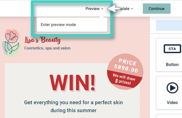 Landing page builder, preview options. Enter preview mode