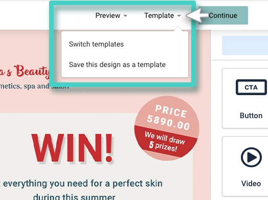 Landing page builder, template options. Switch templates or save this design as a template