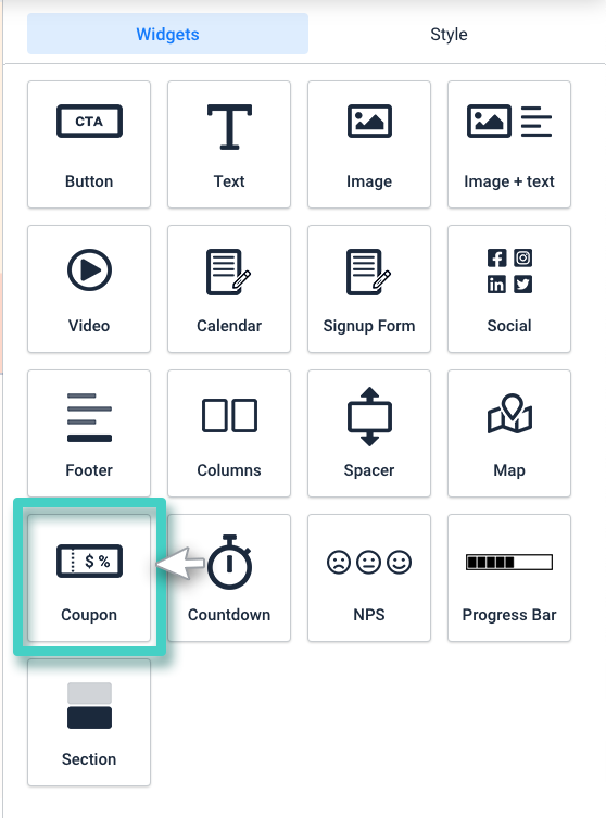 Landing page builder coupon widget