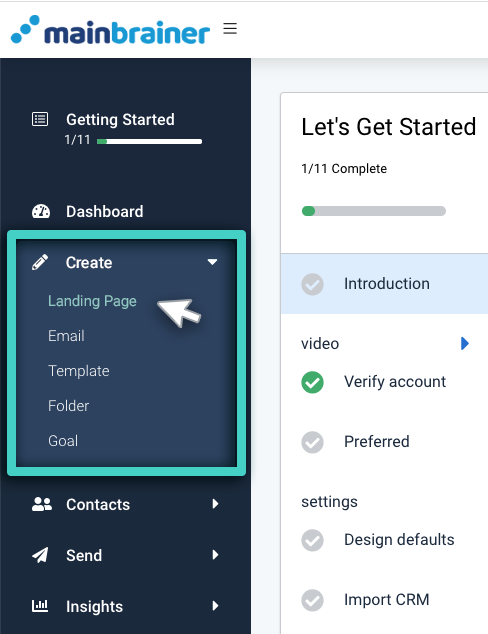 Landing page builder, create sub menu. Landing page highlighted