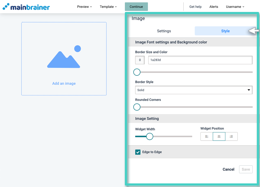 Landing page builder, widget settings with the style button highlighted 