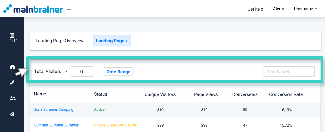 Landing page insights, filter with visitors, date range and text search