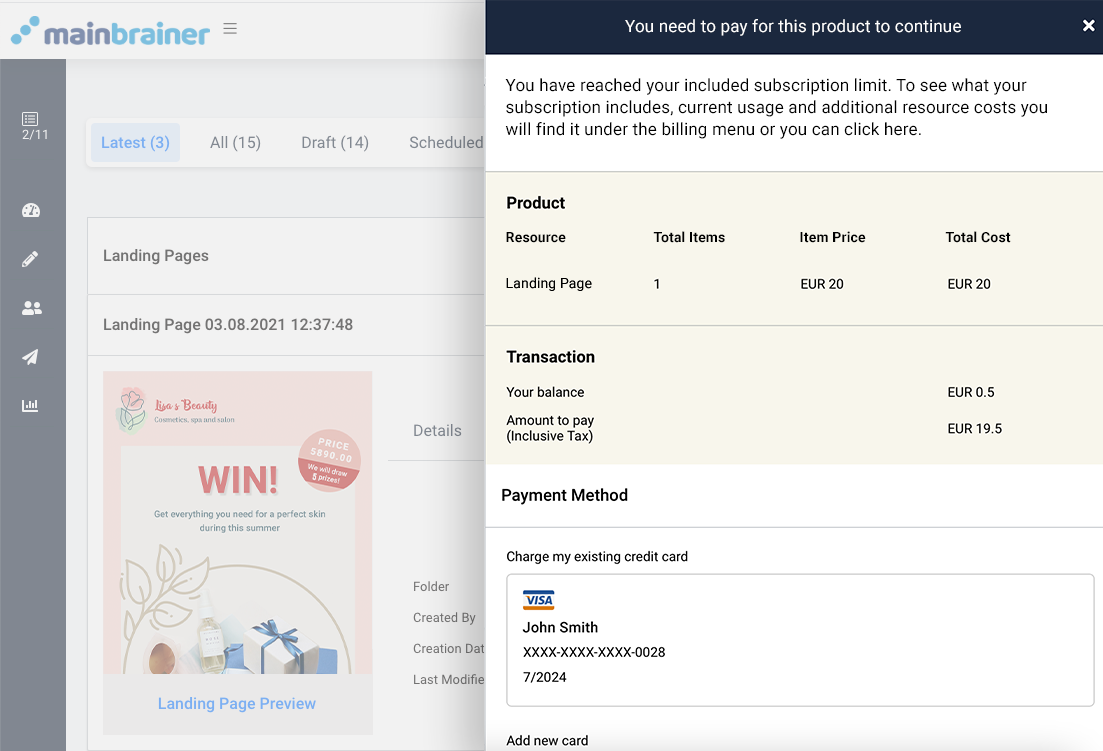 Landing page builder, insufficient funds. You need to pay for this product to continue. Payment method options